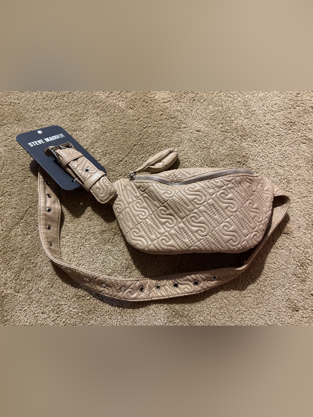 Steve Madden Quilted Beige Logo Crossbody Belt Bag